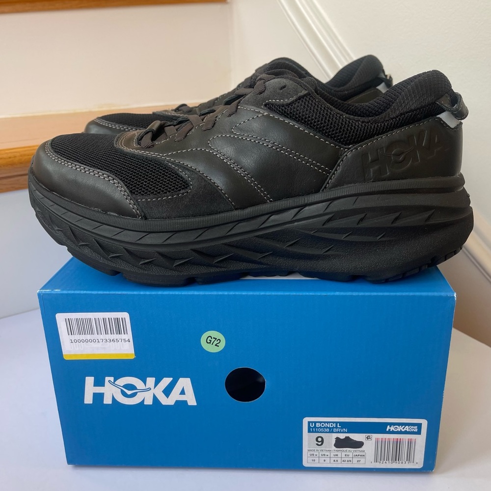 NWT Hoka Bondi L Leather U Unisex , Hoka One One All Black Cushioned Shoes  BRVN - Picture 2 of 16